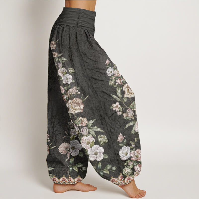 Pantalones Buddha Stones de algodón puro con estampado floral étnico y tótem para mujer, cintura elástica