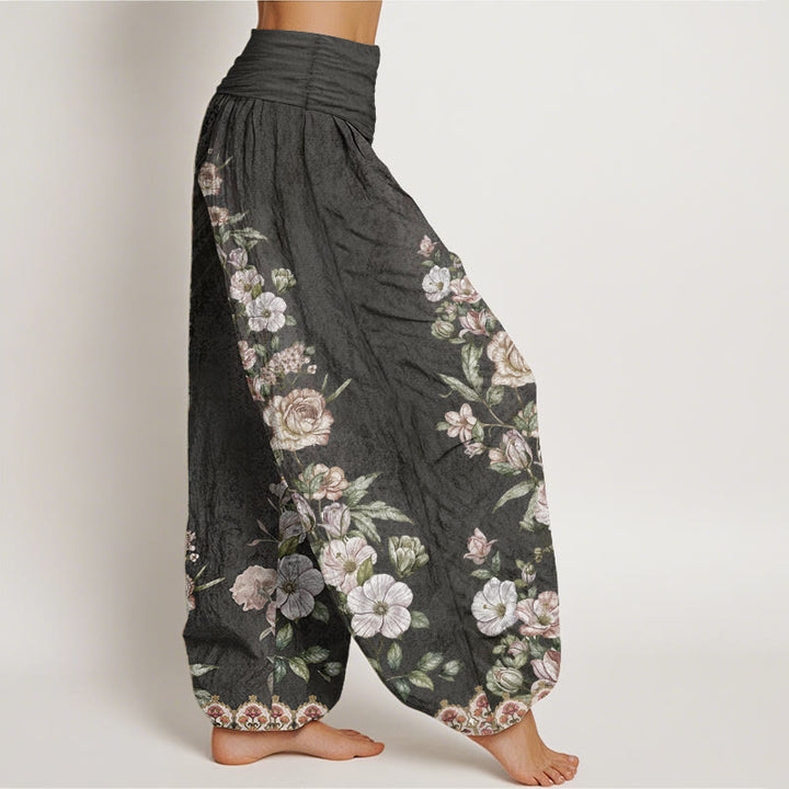 Pantalones Buddha Stones de algodón puro con estampado floral étnico y tótem para mujer, cintura elástica