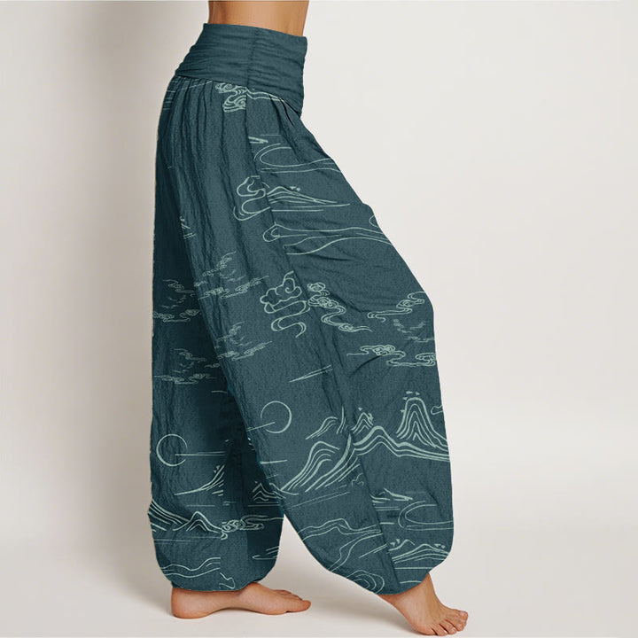 Pantalones harén de algodón puro con diseño de Buddha Stones, montaña, luna y nubes auspiciosas para mujer, con cintura elástica - image 16