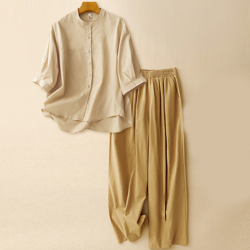 Conjunto de 2 piezas de camisa de manga tres cuartos y pantalones harén para mujer con Buddha Stones para meditación - Top color albaricoque + pantalón caqui - US12, UK/AU16, EU44 (2XL) - image 1
