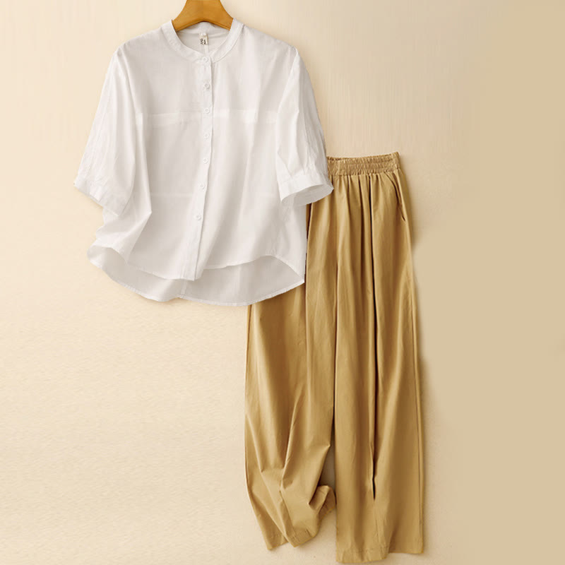 Conjunto de 2 piezas de camisa de manga tres cuartos y pantalones harén para mujer con Buddha Stones para meditación - Top blanco roto + pantalón caqui - US12, UK/AU16, EU44 (2XL) - image 17