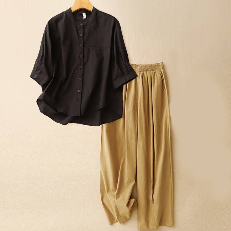 Conjunto de 2 piezas de camisa de manga tres cuartos y pantalones harén para mujer con Buddha Stones para meditación - Top negro + pantalón caqui - US12, UK/AU16, EU44 (2XL) - image 24