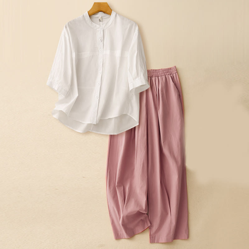 Conjunto de 2 piezas de camisa de manga tres cuartos y pantalones harén para mujer con Buddha Stones para meditación - Top blanco roto + pantalón rosa - US12, UK/AU16, EU44 (2XL) - image 26
