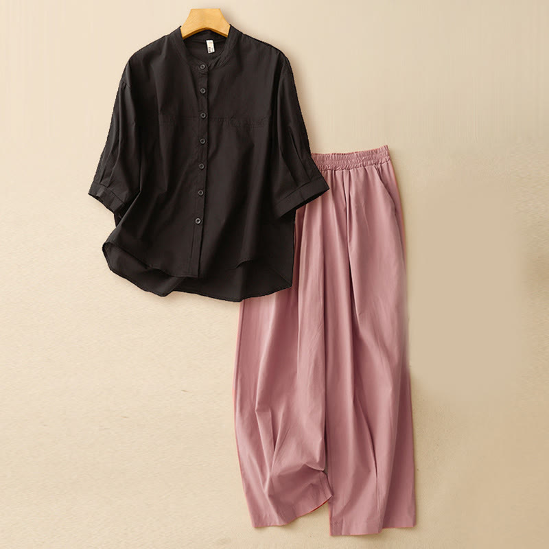 Conjunto de 2 piezas de camisa de manga tres cuartos y pantalones harén para mujer con Buddha Stones para meditación - Top negro + pantalón rosa - US12, UK/AU16, EU44 (2XL) - image 27
