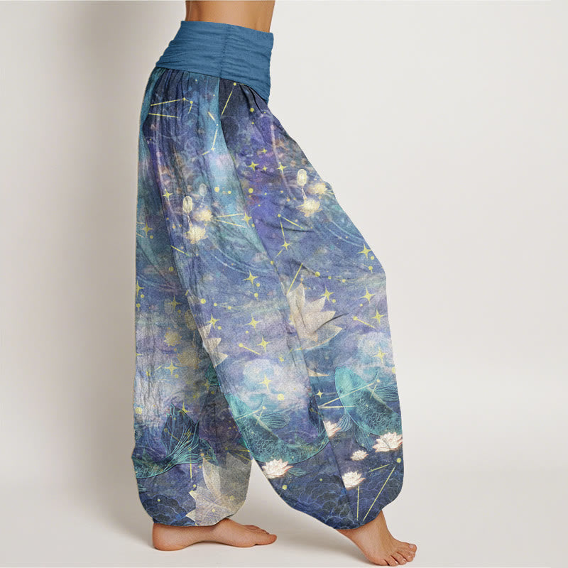 Pantalones Buddha Stones de algodón puro con estampado de peces koi, loto, luna y estrellas para mujer, con cintura elástica