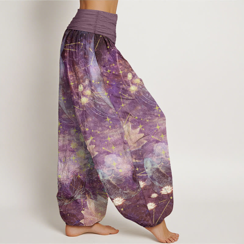 Pantalones Buddha Stones de algodón puro con estampado de peces koi, loto, luna y estrellas para mujer, con cintura elástica