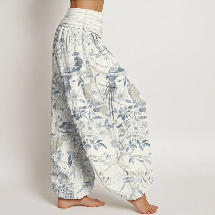 Pantalones harén de algodón puro con diseño de pájaros , ramas y flores para mujer, con cintura elástica - image 2
