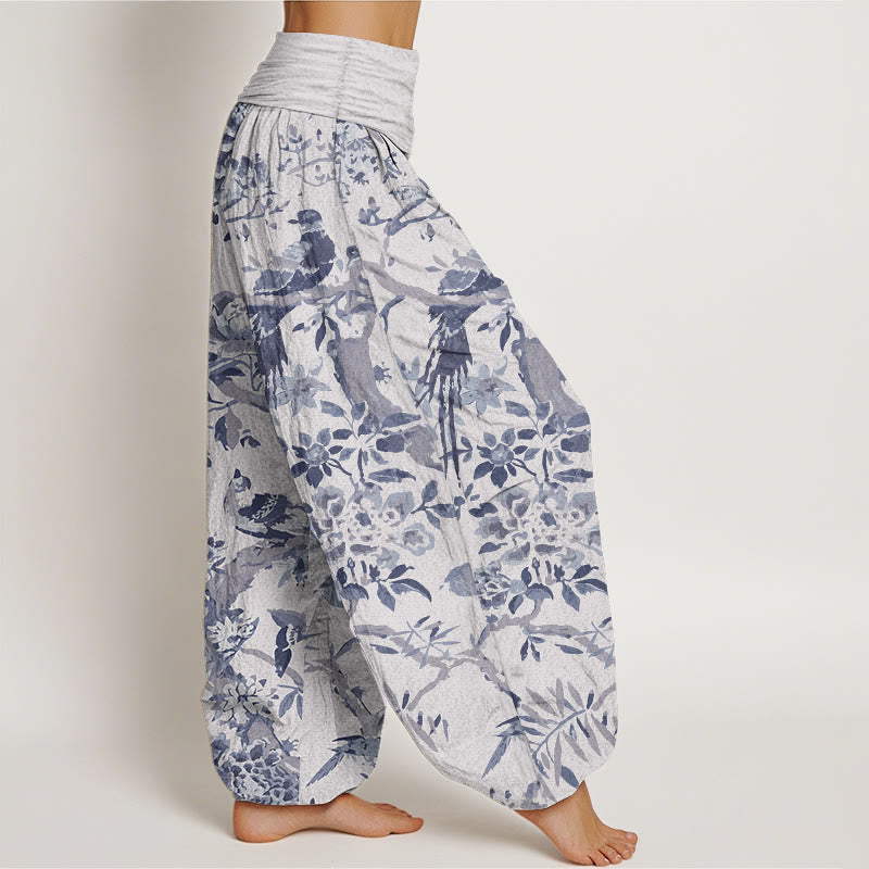 Pantalones harén de algodón puro con diseño de pájaros , ramas y flores para mujer, con cintura elástica - image 10
