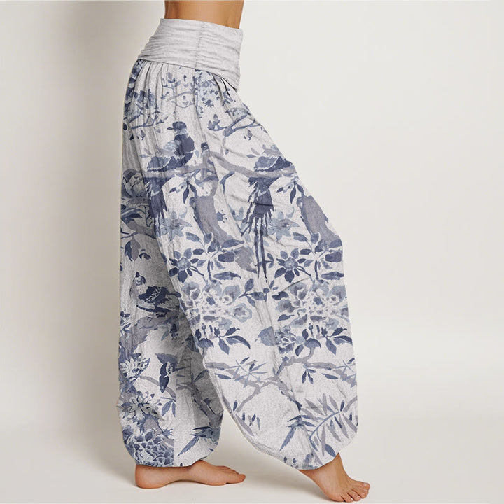 Pantalones harén de algodón puro con diseño de pájaros , ramas y flores para mujer, con cintura elástica - image 10