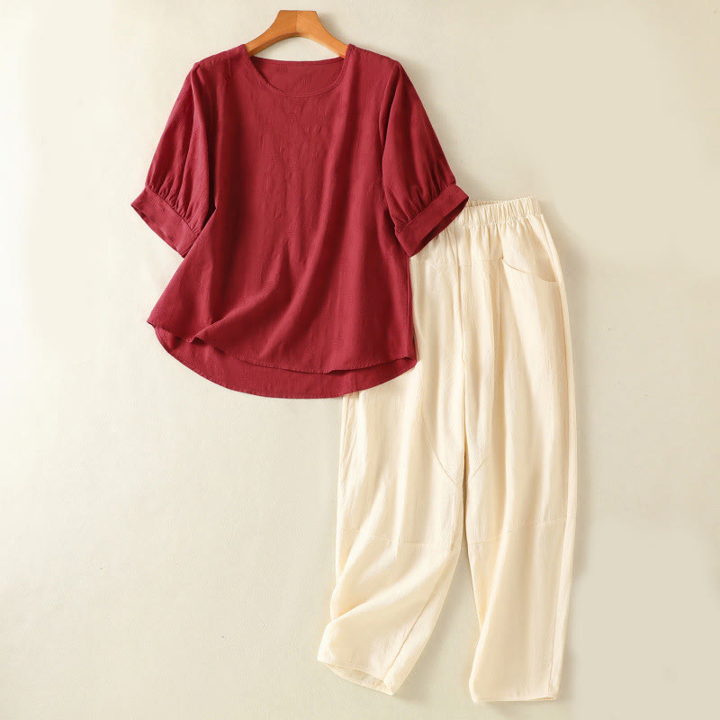 Conjunto de 2 piezas de camisa de manga corta y pantalones harén para mujer con Buddha Stones y ropa de meditación - Marrón - US8-10，UK/AU12-14，EU40-42 (2XL) - image 23