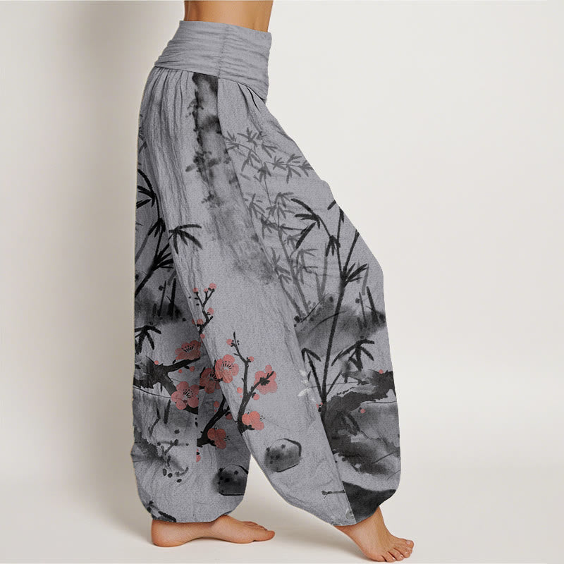 Pantalones harén de cintura elástica para mujer, con estampado de orquídeas, crisantemos, flores de ciruelo y algodón puro de Buddha Stones - image 10