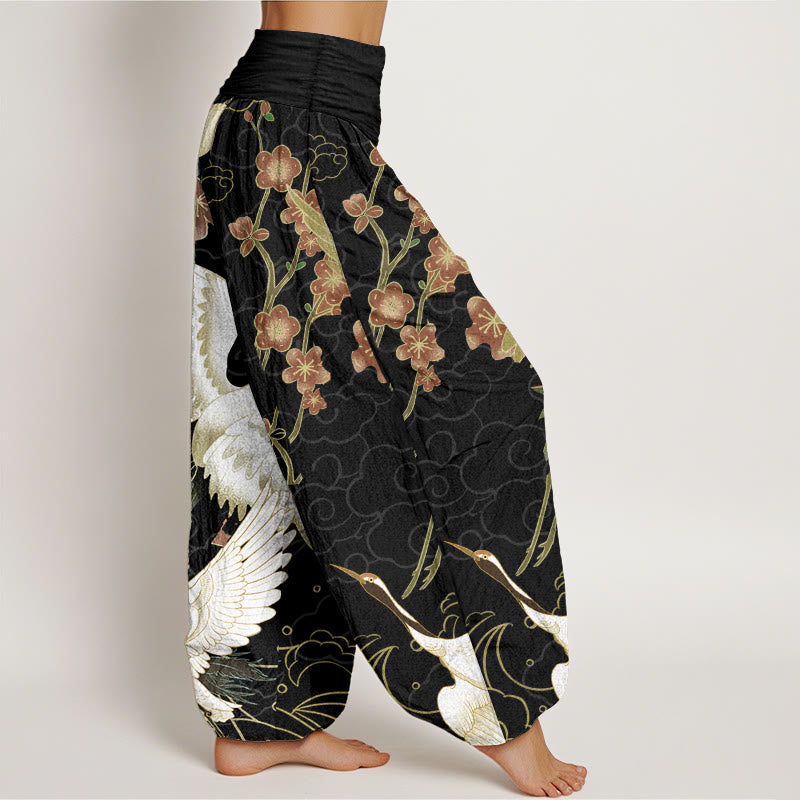 Pantalones Buddha Stones de algodón puro con diseño de grullas, flores y nubes auspiciosas para mujer, con cintura elástica - image 2