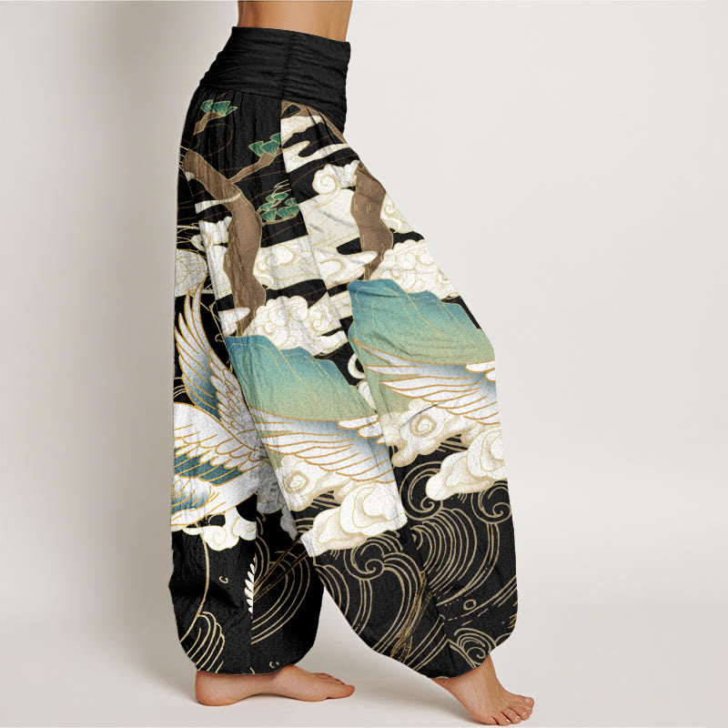 Pantalones harén de cintura elástica para mujer con diseño de grullas voladoras de algodón puro y Buddha Stones , árbol de nubes auspiciosas - image 2