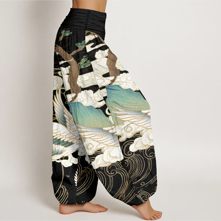 Pantalones harén de cintura elástica para mujer con diseño de grullas voladoras de algodón puro y Buddha Stones , árbol de nubes auspiciosas - image 2