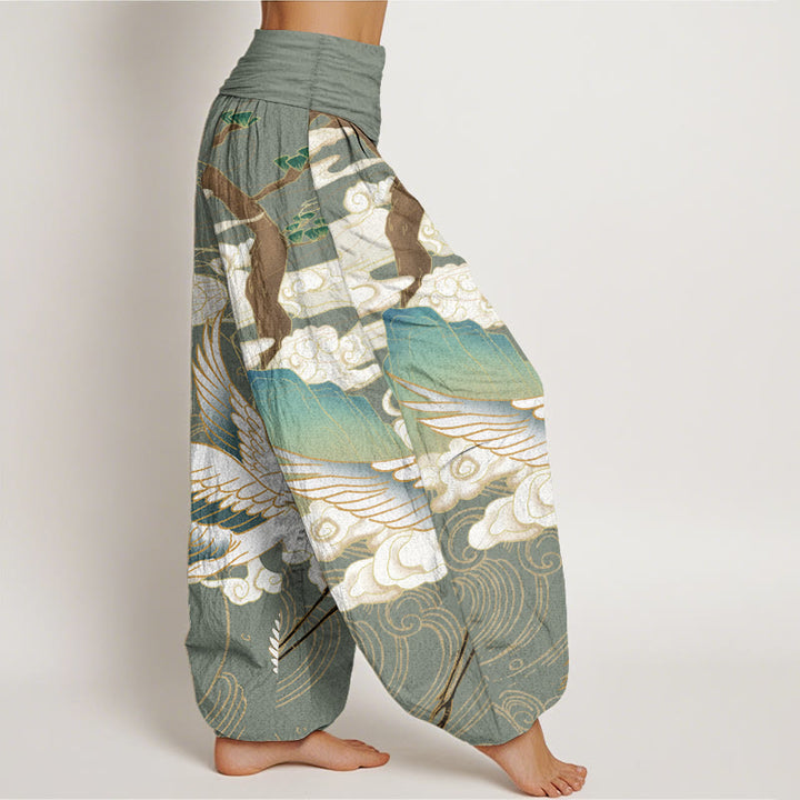 Pantalones harén de cintura elástica para mujer con diseño de grullas voladoras de algodón puro y Buddha Stones , árbol de nubes auspiciosas - image 7