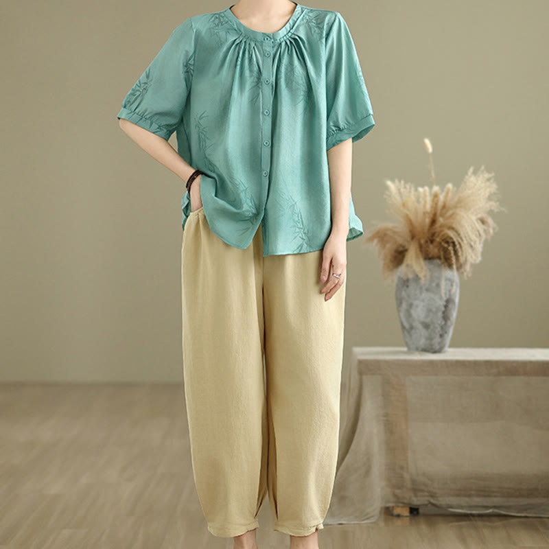 Conjunto de 2 piezas de camisa de manga corta y pantalones harén para mujer con Buddha Stones y ropa de meditación informal - Turquesa medio - US12, UK/AU16, EU44 (2XL) - image 1