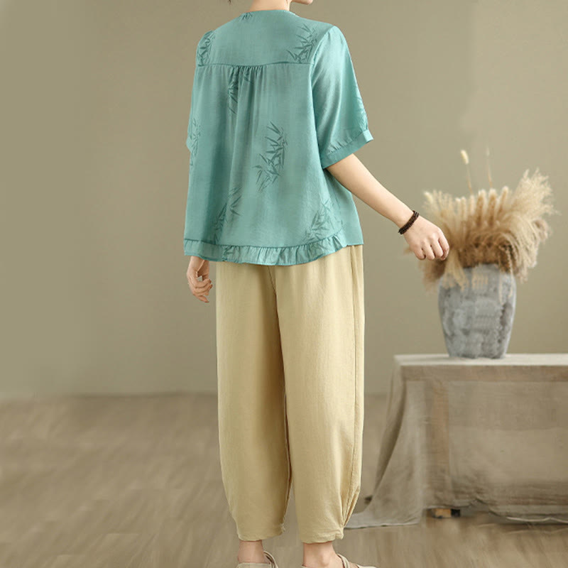 Conjunto de 2 piezas de camisa de manga corta y pantalones harén para mujer con Buddha Stones y ropa de meditación informal - image 2