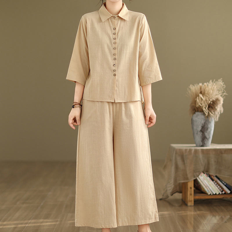 Conjunto de 2 piezas de ropa de meditación informal con cuello alto y pantalones holgados para mujer con Buddha Stones - Trigo - US12, UK/AU16, EU44 (2XL) - image 1