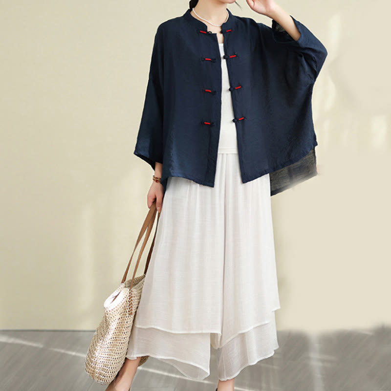 Conjunto de 2 piezas de camisa informal con botones de rana y pantalones holgados para meditación con Buddha Stones - Azul medianoche - US12，UK/AU16，EU44 (XL) - image 1