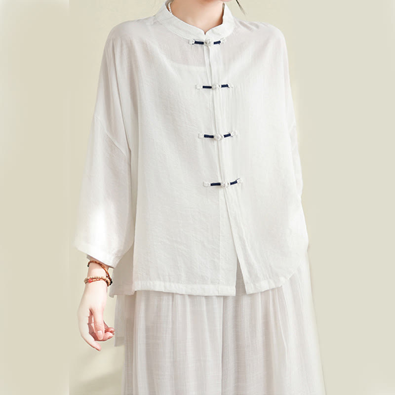 Conjunto de 2 piezas de camisa informal con botones de rana y pantalones holgados para meditación con Buddha Stones - image 12