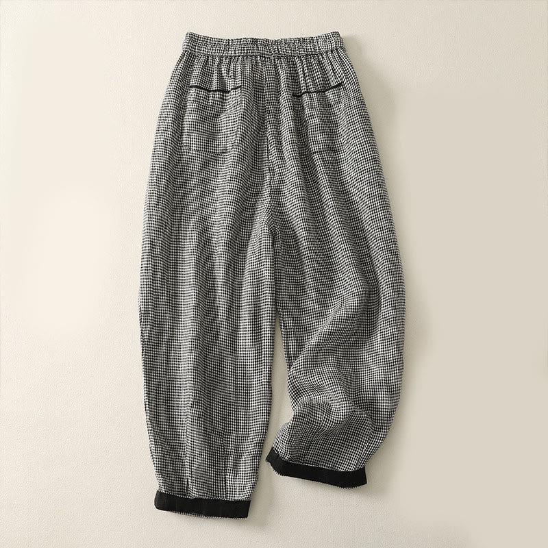 Pantalones harem de algodón y lino para mujer con estampado de cuadros y Buddha Stones, cordón ajustable y bolsillos. - image 1