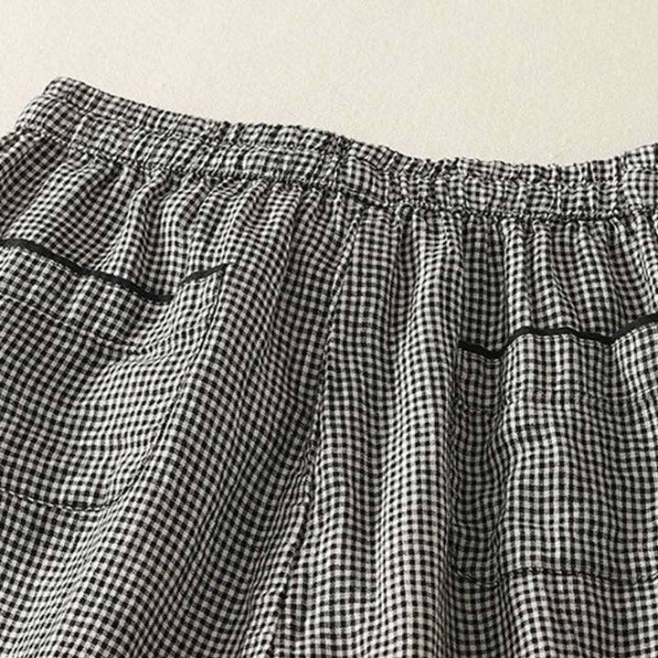 Pantalones harem de algodón y lino para mujer con estampado de cuadros y Buddha Stones, cordón ajustable y bolsillos. - image 3