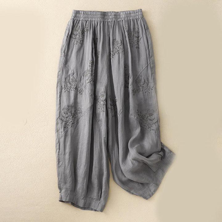 Pantalones harén de lino y algodón para mujer con estampado bordado de Buddha Stones y bolsillos - Gris - US12, UK/AU16, EU44 (3XL) - image 0