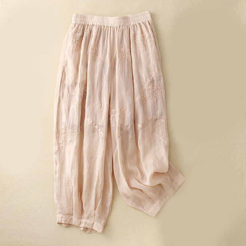 Pantalones harén de lino y algodón para mujer con estampado bordado de Buddha Stones y bolsillos - MistyRose - US12, UK/AU16, EU44 (3XL) - image 10