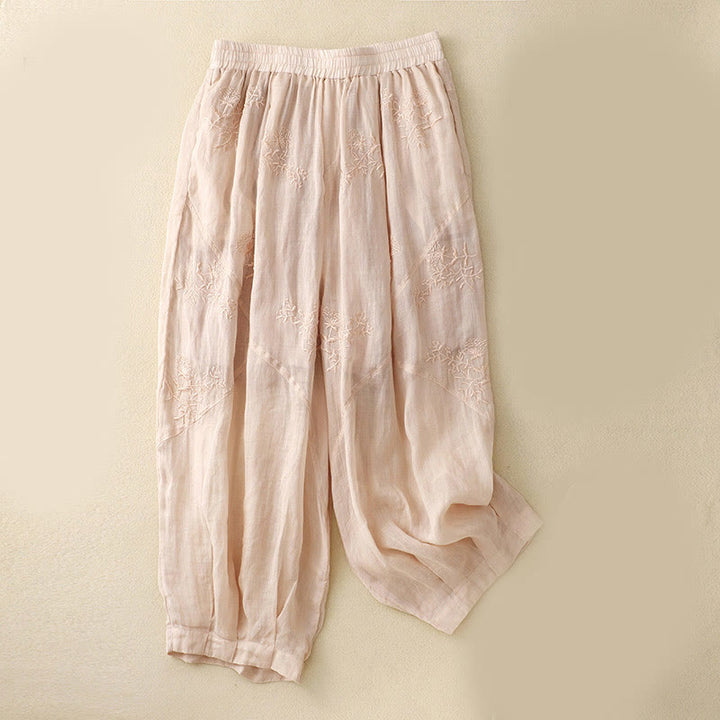 Pantalones harén de lino y algodón para mujer con estampado bordado de Buddha Stones y bolsillos - MistyRose - US12, UK/AU16, EU44 (3XL) - image 10