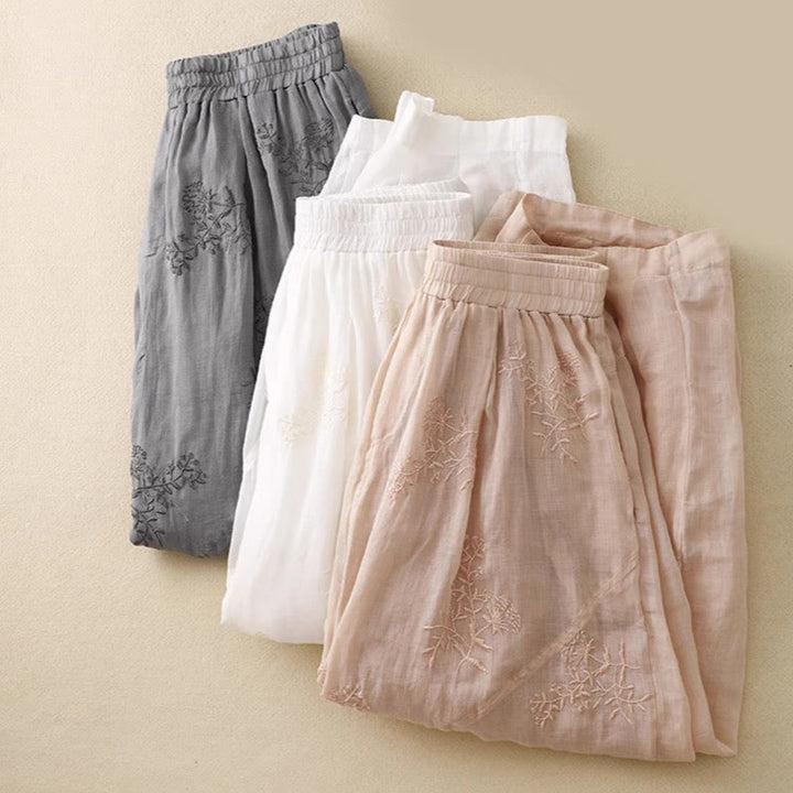 Pantalones harén de lino y algodón para mujer con estampado bordado de Buddha Stones y bolsillos - image 20