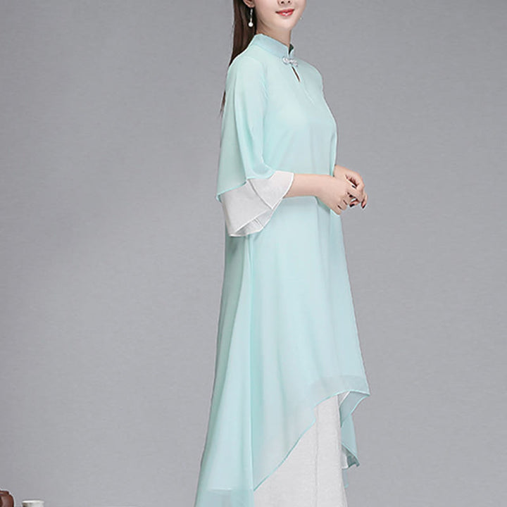 Vestido camisero irregular de gasa con mangas tres cuartos para mujer, pantalones de pierna ancha, ropa de meditación con Buddha Stones