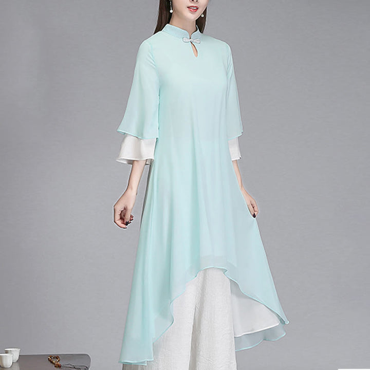 Vestido camisero irregular de gasa con mangas tres cuartos para mujer, pantalones de pierna ancha, ropa de meditación con Buddha Stones