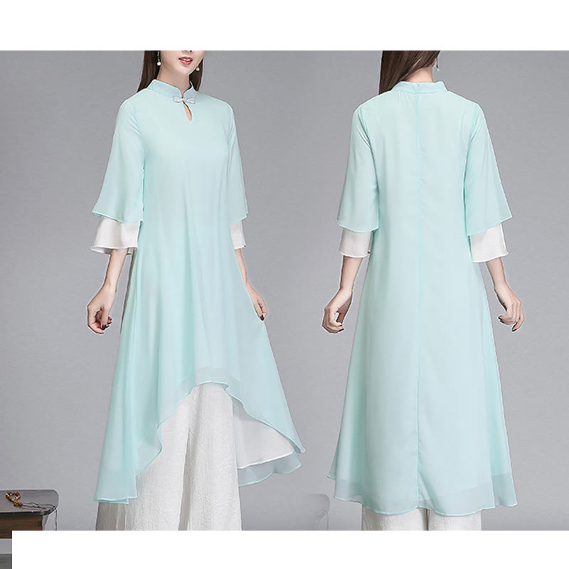 Vestido camisero irregular de gasa con mangas tres cuartos para mujer, pantalones de pierna ancha, ropa de meditación con Buddha Stones