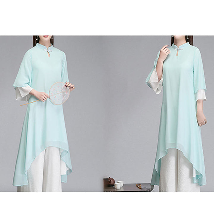 Vestido camisero irregular de gasa con mangas tres cuartos para mujer, pantalones de pierna ancha, ropa de meditación con Buddha Stones