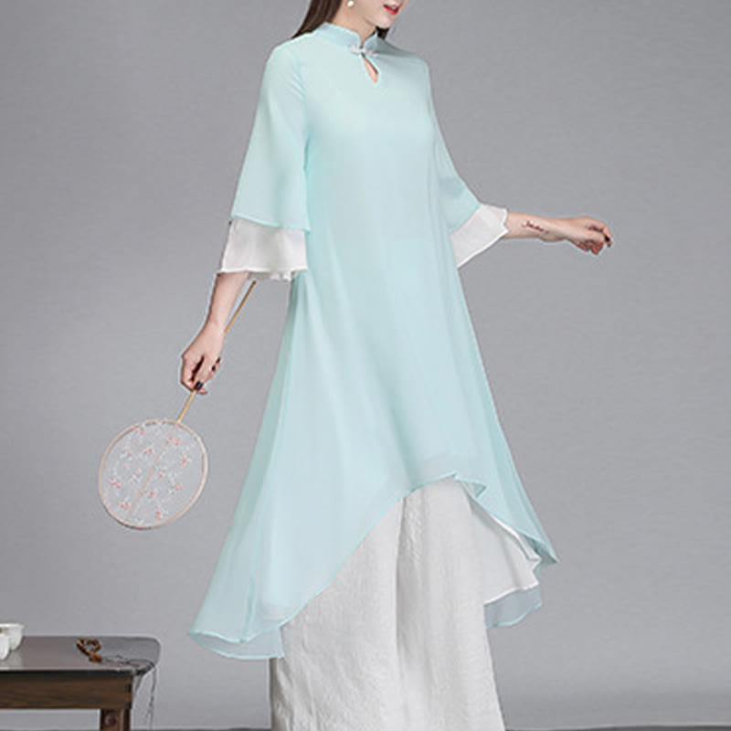 Vestido camisero irregular de gasa con mangas tres cuartos para mujer, pantalones de pierna ancha, ropa de meditación con Buddha Stones
