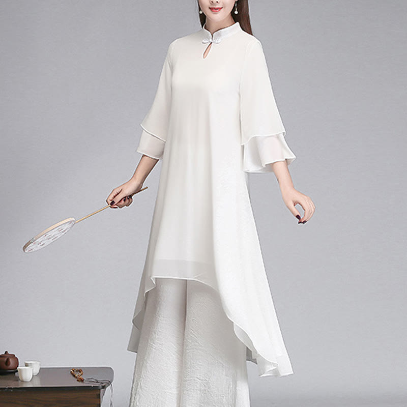 Vestido camisero irregular de gasa con mangas tres cuartos para mujer, pantalones de pierna ancha, ropa de meditación con Buddha Stones