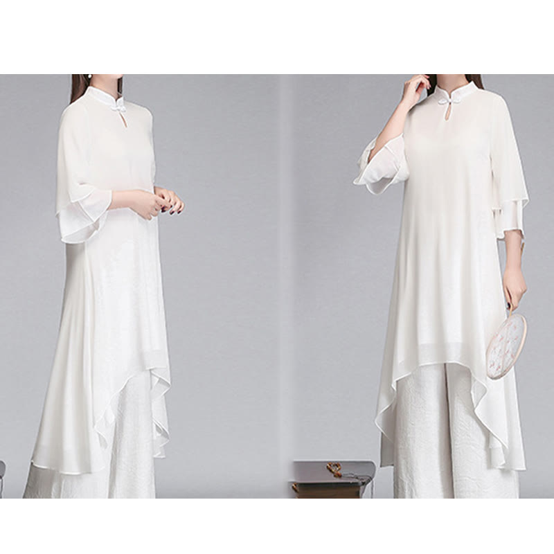 Vestido camisero irregular de gasa con mangas tres cuartos para mujer, pantalones de pierna ancha, ropa de meditación con Buddha Stones