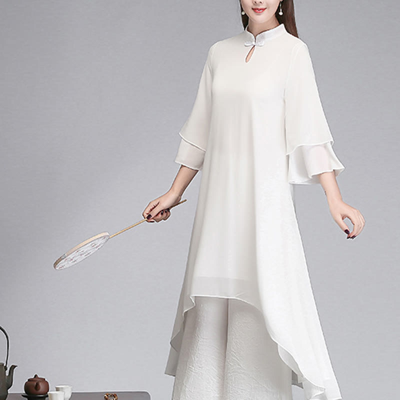 Vestido camisero irregular de gasa con mangas tres cuartos para mujer, pantalones de pierna ancha, ropa de meditación con Buddha Stones