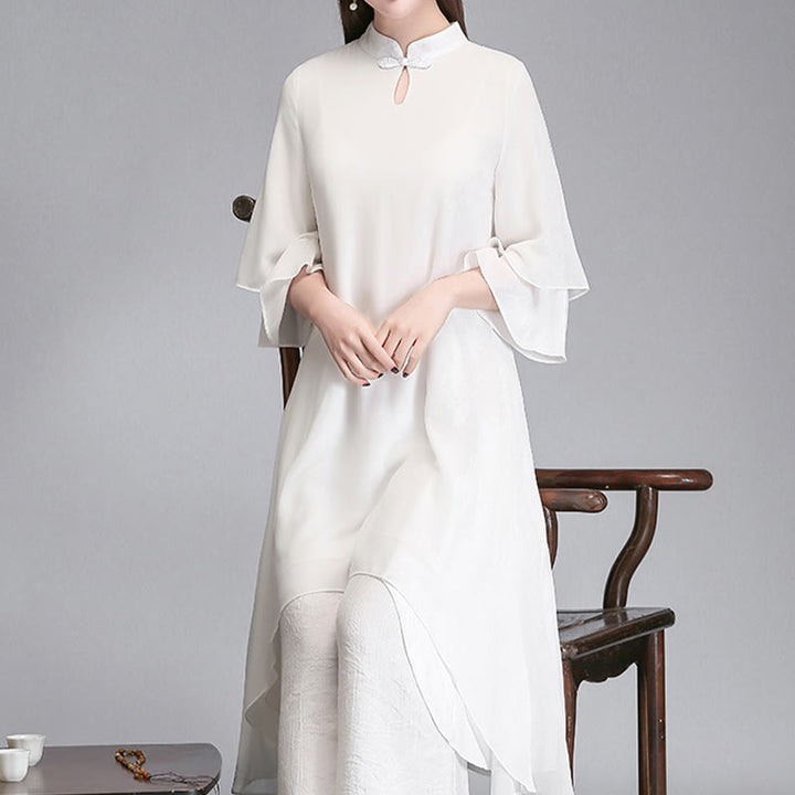 Vestido camisero irregular de gasa con mangas tres cuartos para mujer, pantalones de pierna ancha, ropa de meditación con Buddha Stones