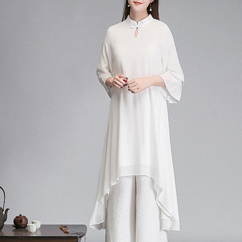 Vestido camisero irregular de gasa con mangas tres cuartos para mujer, pantalones de pierna ancha, ropa de meditación con Buddha Stones