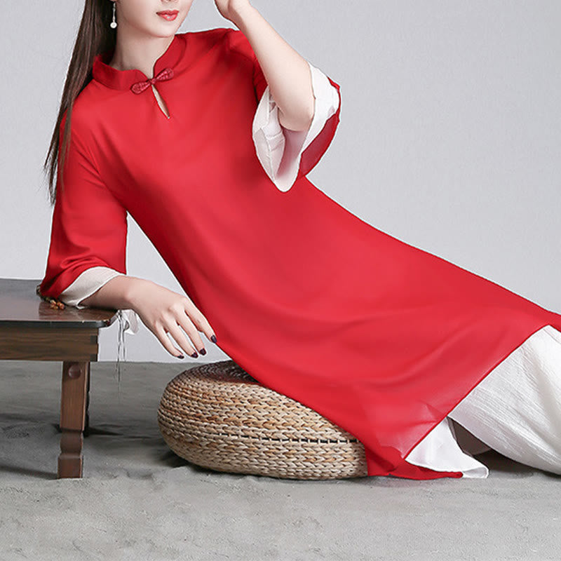 Vestido camisero irregular de gasa con mangas tres cuartos para mujer, pantalones de pierna ancha, ropa de meditación con Buddha Stones