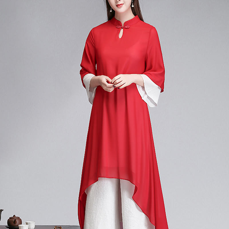Vestido camisero irregular de gasa con mangas tres cuartos para mujer, pantalones de pierna ancha, ropa de meditación con Buddha Stones