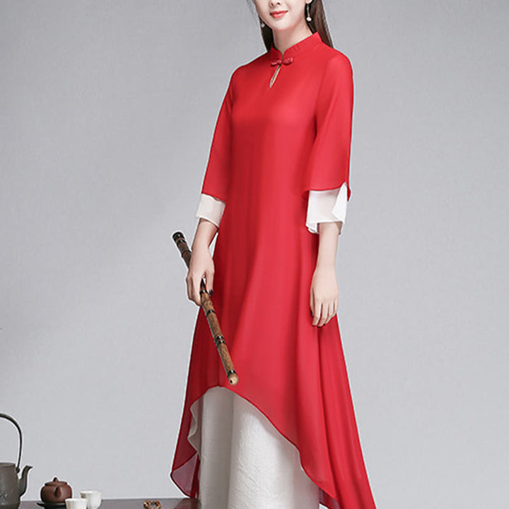 Vestido camisero irregular de gasa con mangas tres cuartos para mujer, pantalones de pierna ancha, ropa de meditación con Buddha Stones