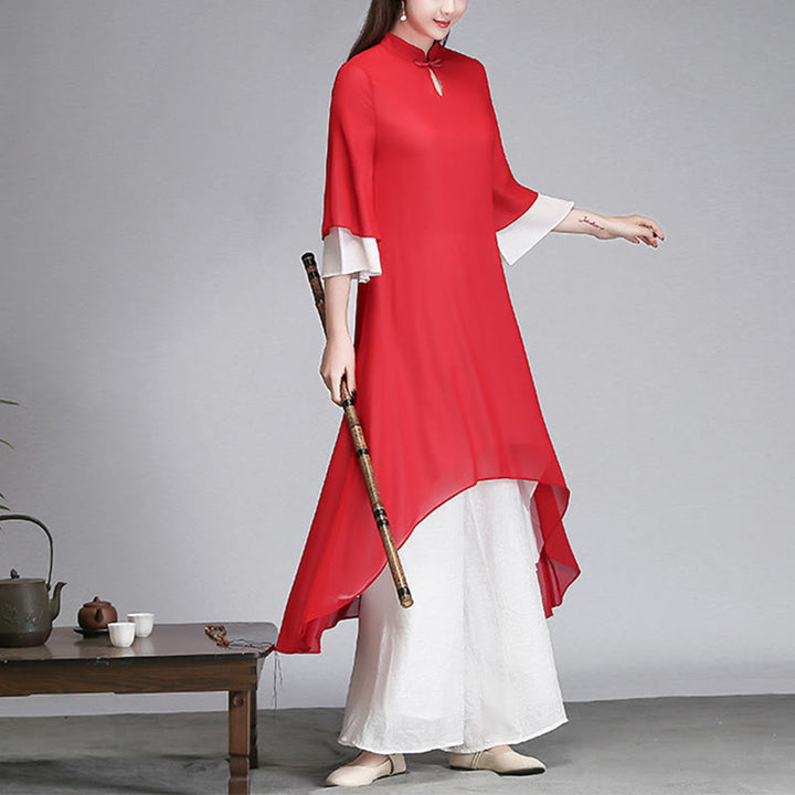 Vestido camisero irregular de gasa con mangas tres cuartos para mujer, pantalones de pierna ancha, ropa de meditación con Buddha Stones
