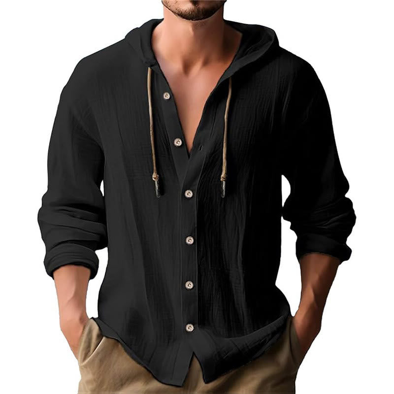 Camisa de lino para hombre con capucha, manga larga, botones y cordón, color liso, con Buddha Stones - Negro - US/UK/AU44，EU54 (3XL) - image 1