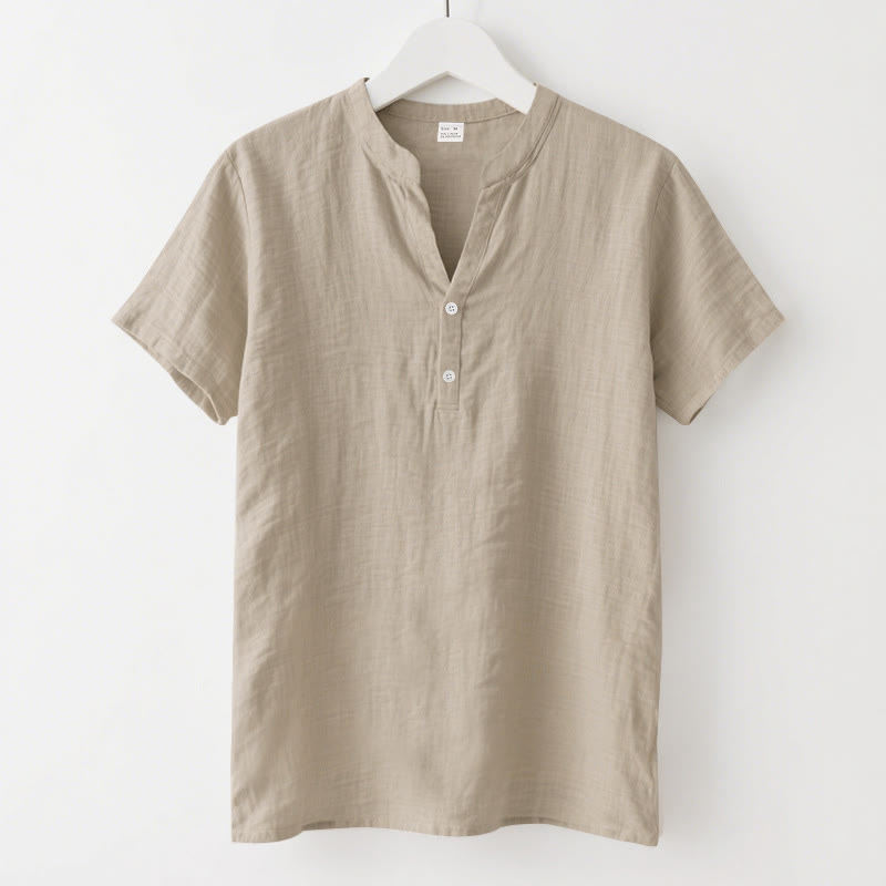 Camisa de lino para hombre de manga corta con botones y estampado de Buddha Stones de verano - Trigo - US/UK/AU46, UE56 (3XL) - image 12