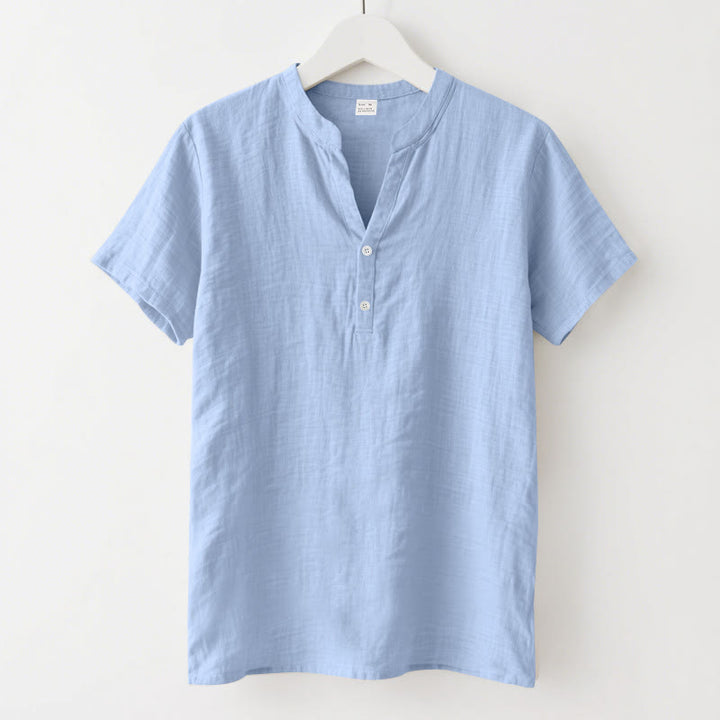Camisa de lino para hombre de manga corta con botones y estampado de Buddha Stones de verano - Azul cielo claro - US/UK/AU46, UE56 (3XL) - image 18