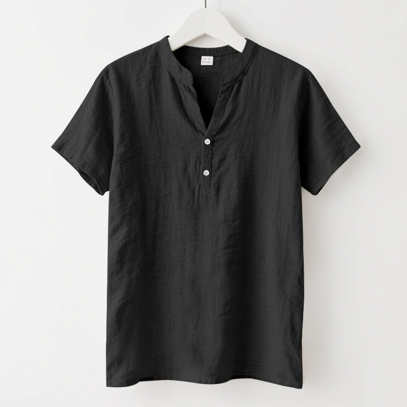 Camisa de lino para hombre de manga corta con botones y estampado de Buddha Stones de verano - Negro - US/UK/AU46, UE56 (3XL) - image 0