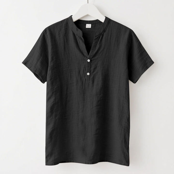 Camisa de lino para hombre de manga corta con botones y estampado de Buddha Stones de verano - Negro - US/UK/AU46, UE56 (3XL) - image 0