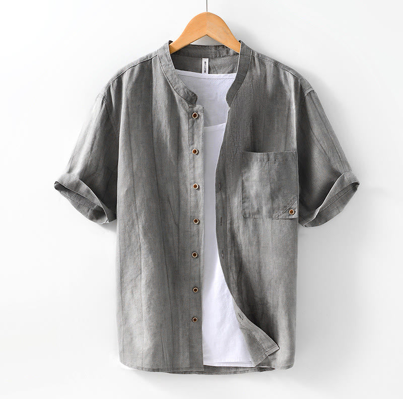Camisa de hombre de manga corta de lino y algodón con botones de verano Buddha Stones - Gris oscuro - US/UK/AU42, EU52 (3XL) - image 1